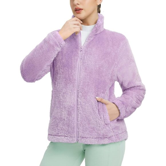 Women's Fleece Fuzzy Cozy Zip Up Light Purple Ski Jacket Coat Winter Warm